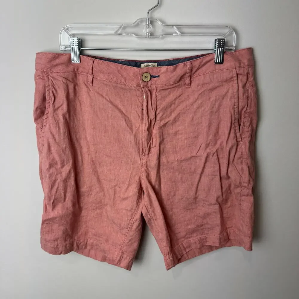 Faherty Men's Linen Blend Flat Front Short - Size 35 - Coral Color